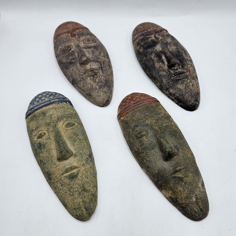 Handcrafted Stone Face Masks Sculpture Wall Hanging Set Of 4